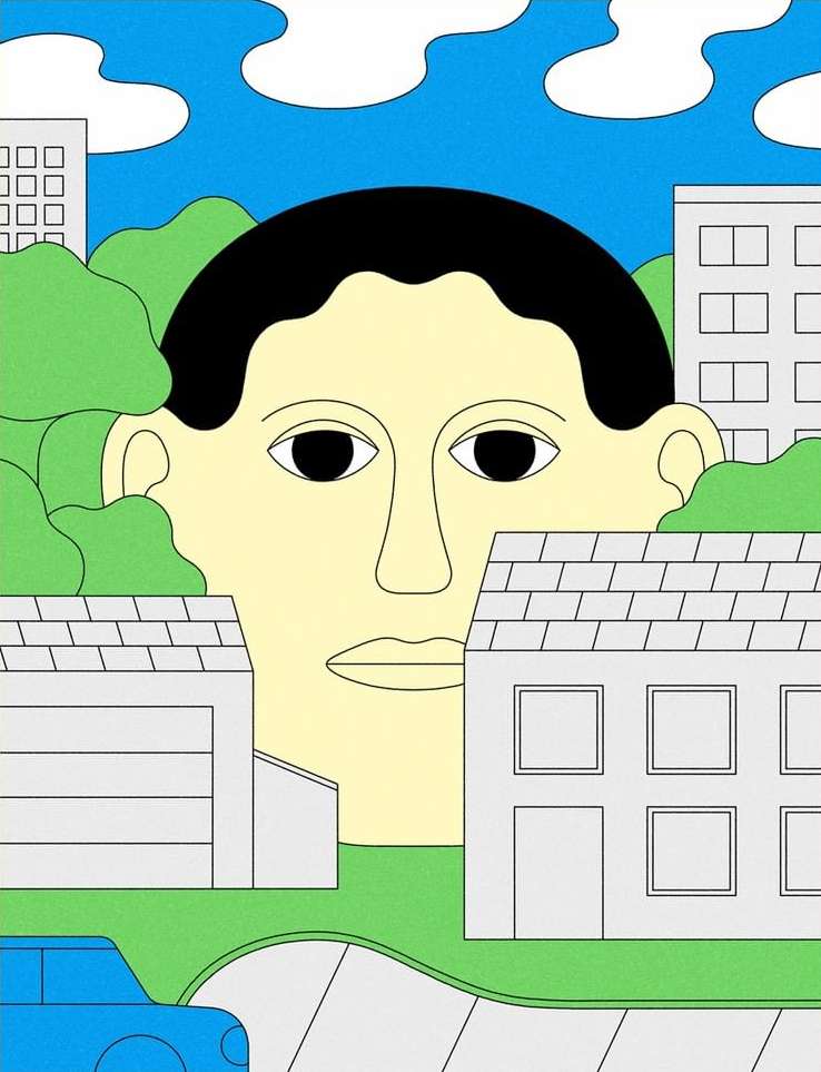 Surreal illustration of a giant face looming over suburban houses, with a blue car, and trees against a blue sky with clouds.