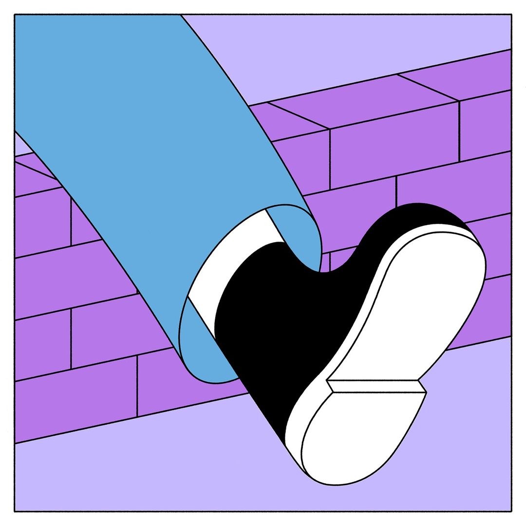 Illustration of a foot wearing a black shoe stepping down from a purple brick structure, rendered in a flat, graphic style.