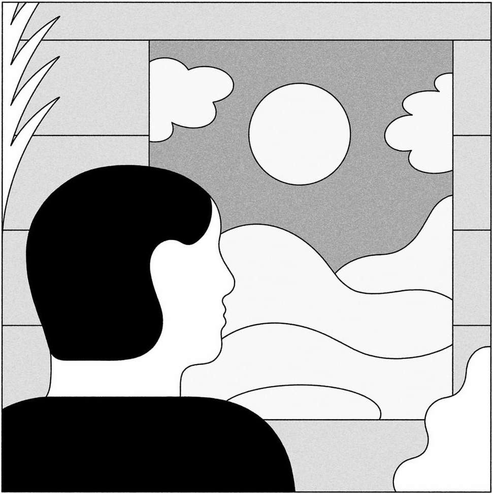 Illustration of person looking out a window at a landscape with mountains, clouds, and a sun in shades of gray, black, and white.