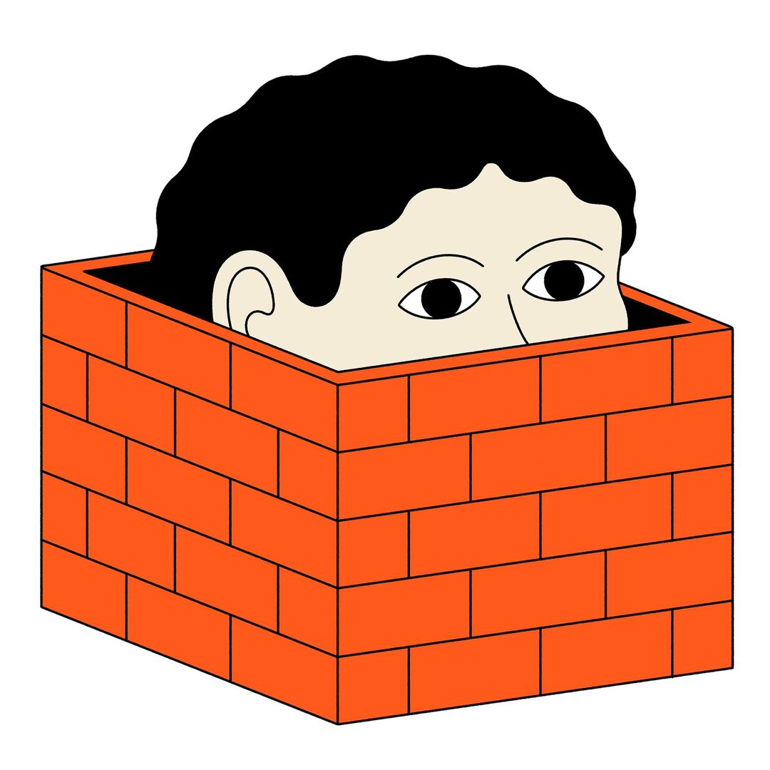 Illustration of a person's head and shoulders peeking out from behind a red brick wall against a white background.