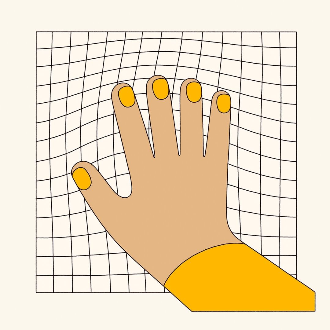 Stylized illustration of a tan hand pressing against a gridded surface with yellow fingertips and a matching bracelet.