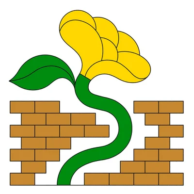 Digital illustration of a yellow flower with a green stem growing through a broken brown brick wall on a white background.