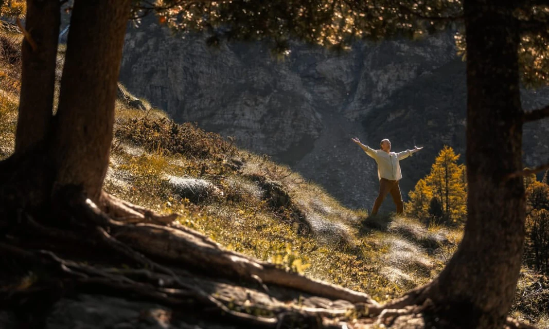 Adult male stands with outstretched arms amidst a mountainous landscape, framed by trees, on a sunlit slope.