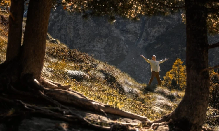 Adult male stands with outstretched arms amidst a mountainous landscape, framed by trees, on a sunlit slope.