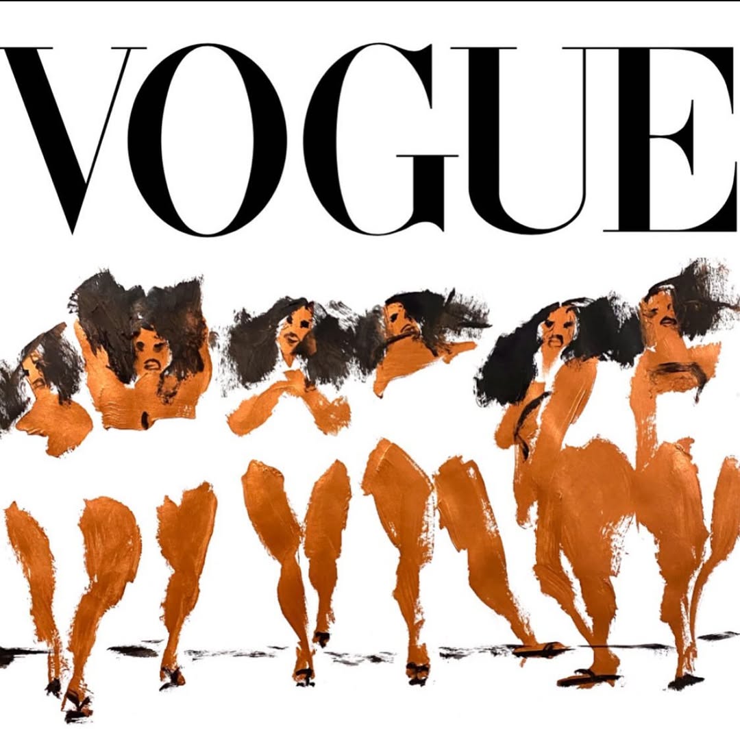 Artwork featuring the word 'Vogue' above a line of painted female figures in varying poses, rendered in shades of brown and black.