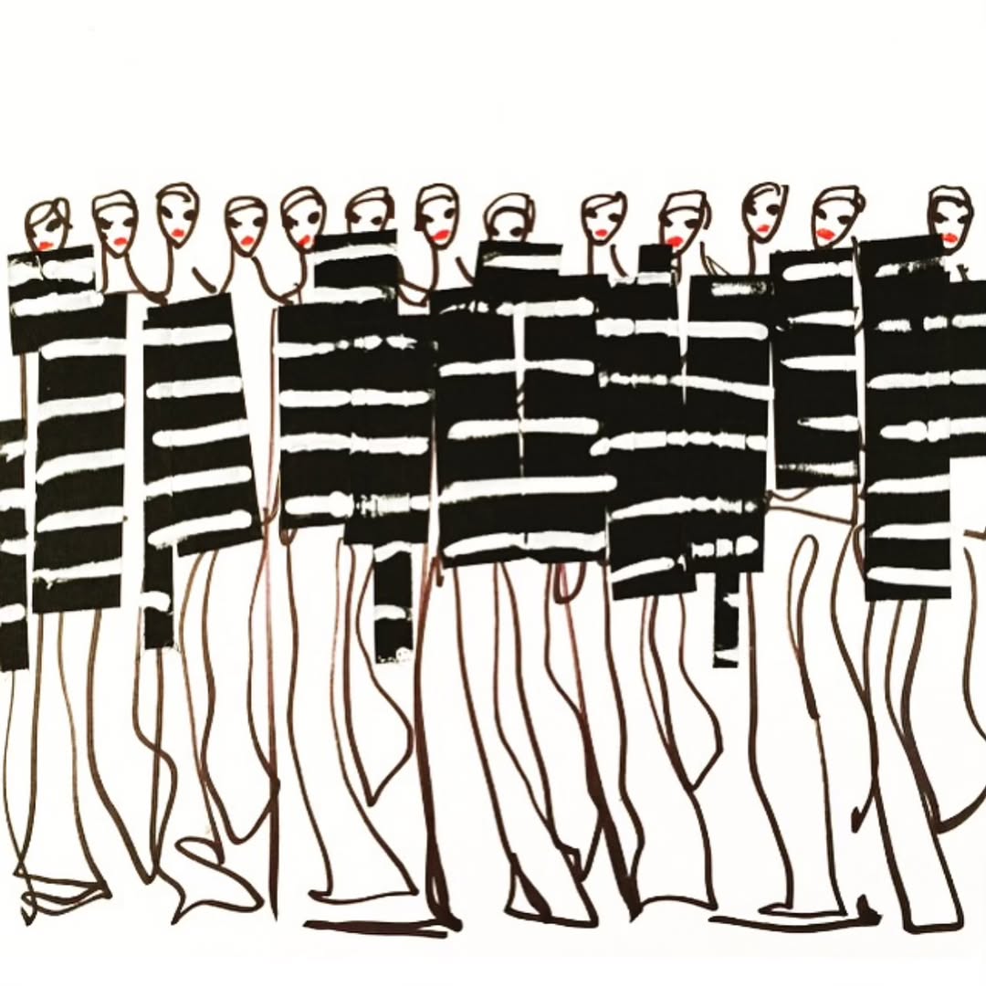 Artistic illustration of a group of women wearing black and white striped tops and red lipstick in a graphic style on a white background.