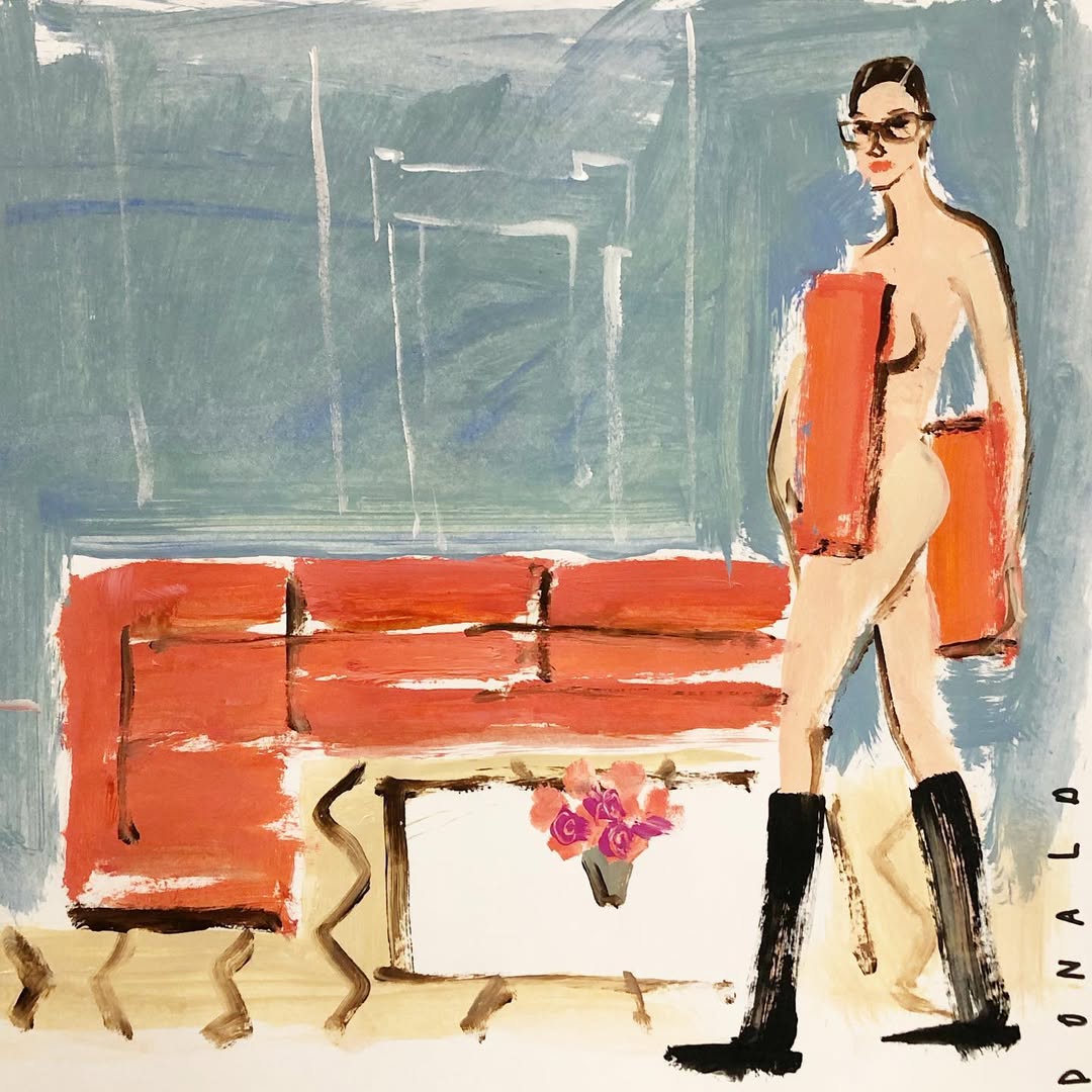 Illustration of a slender nude woman in knee-high boots with towels standing in an abstract interior against a blue background.