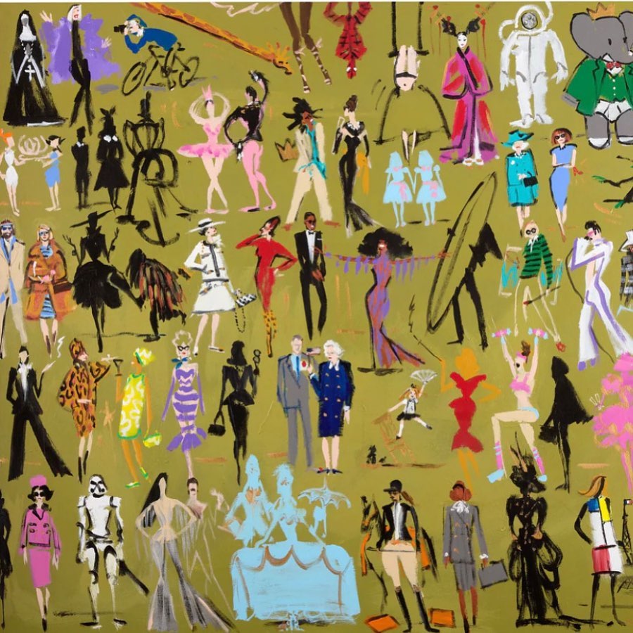 Illustration features various fashion figures and characters on a light green background, showcasing a variety of styles and designs.