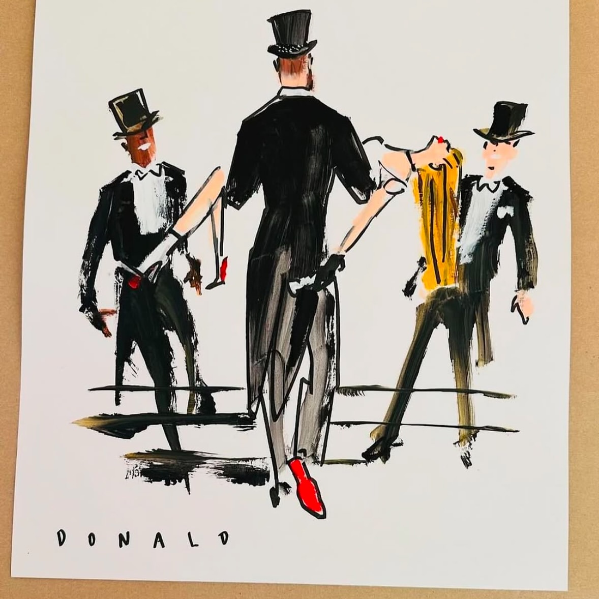 Painting of three figures in formal wear including top hats and tails; one is being assisted by the other two in black suits.