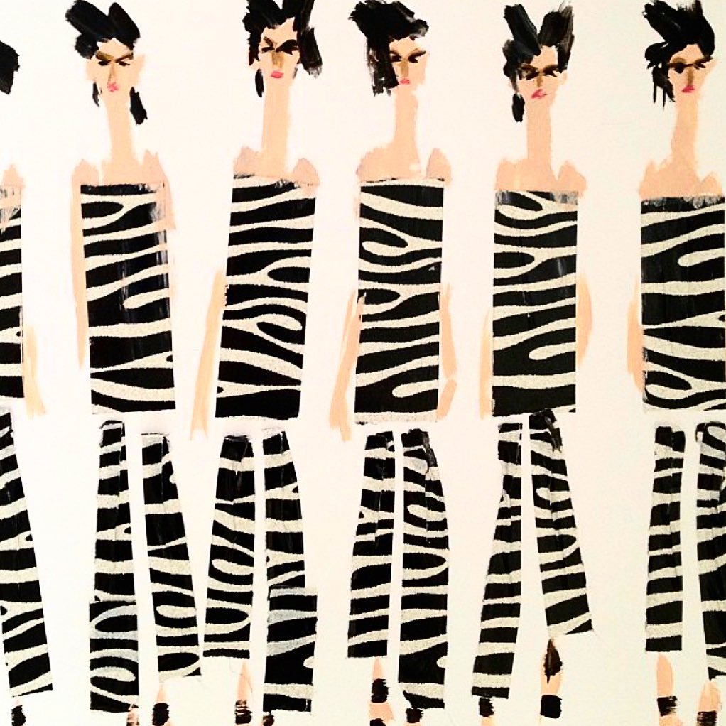 Illustration of stylized women with zebra-striped clothing against a white background, showcasing a blend of fashion and art.