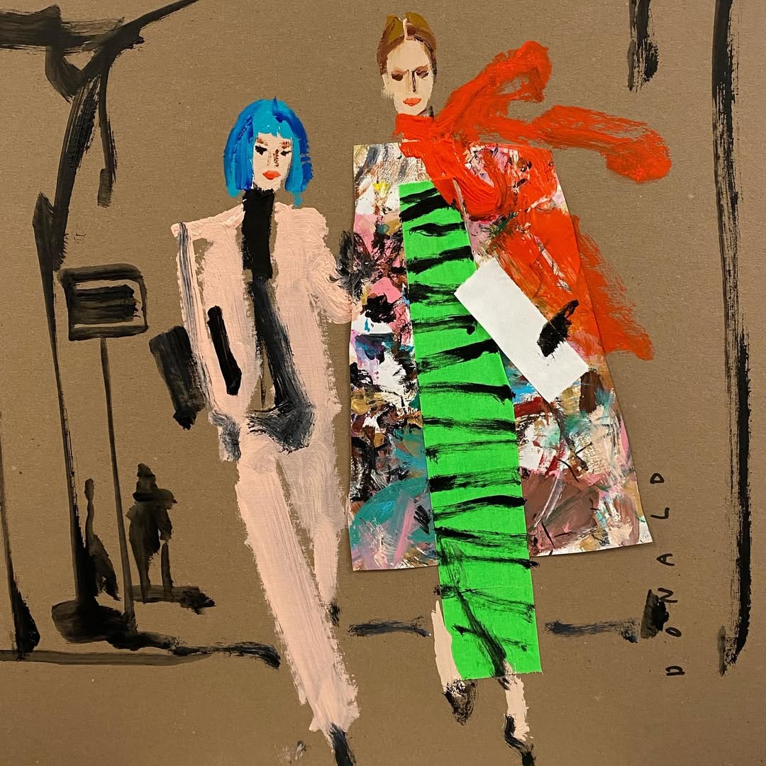 Artistic collage of two women in colorful painted and paper-cut outfits against a brown background with abstract black ink details.
