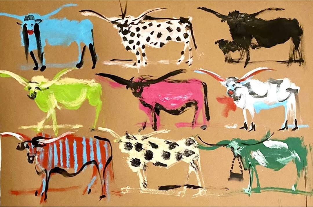 Colorful painting of nine longhorn cattle in varying shades of blue, pink, green, white, and brown against a neutral background.