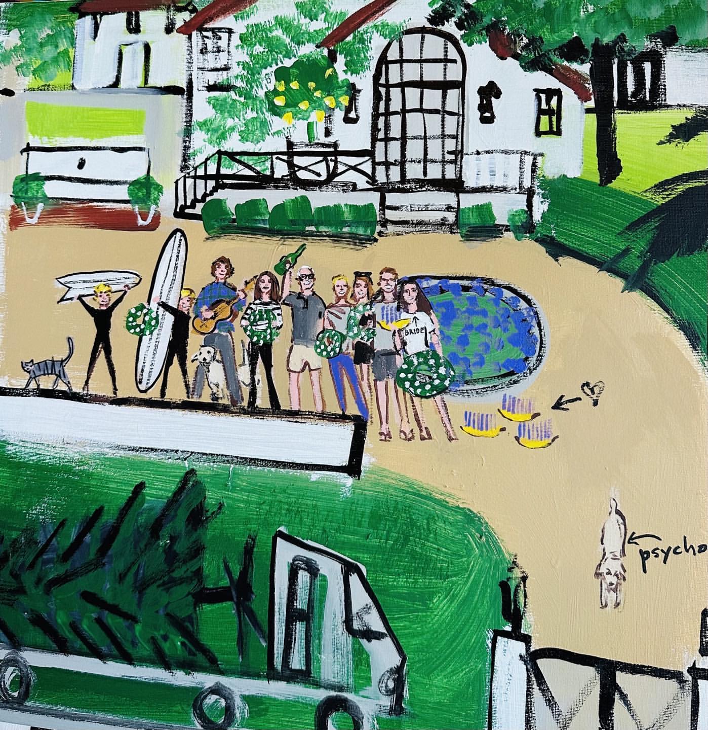 Colorful painting of a group of people with surfboards, a guitar, and dogs, standing near a pool and a building, with a truck below.