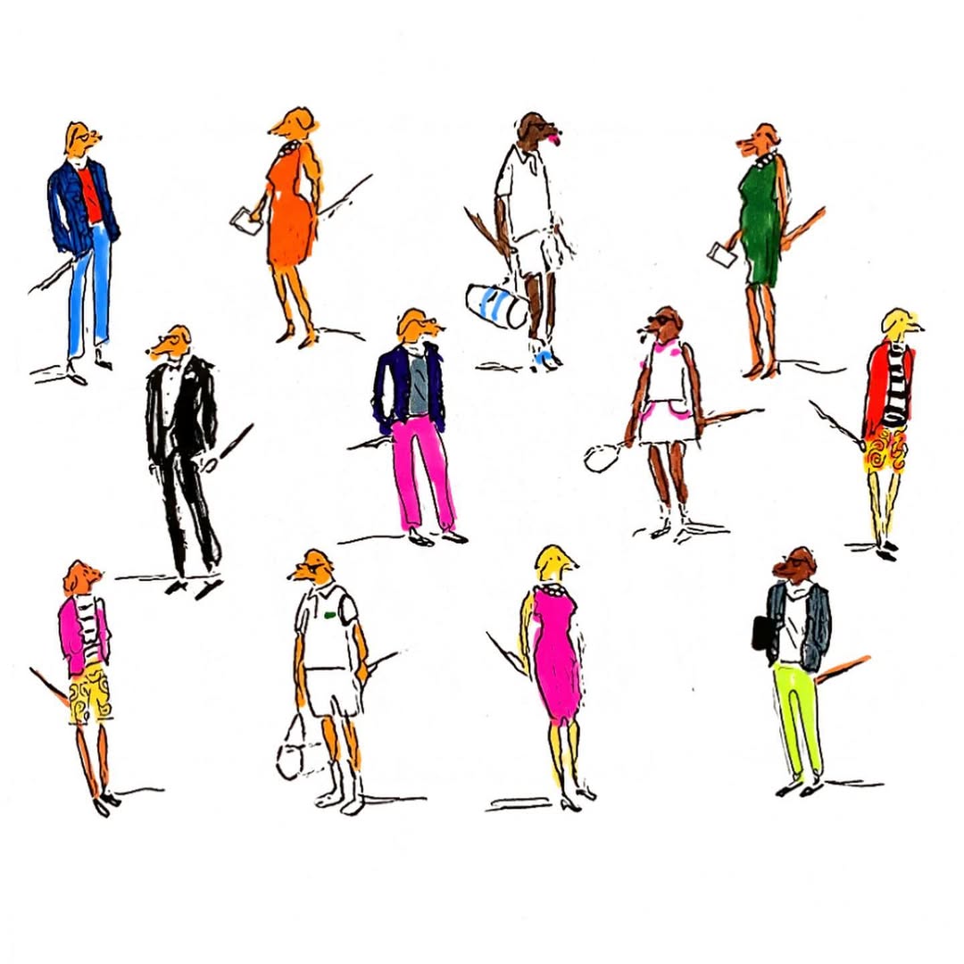 Illustration of a group of anthropomorphic dog-headed figures wearing various outfits against a white backdrop, holding tennis rackets.