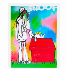 Colorful illustration by Donald Robertson featuring a stylized tall figure and a dog on a red doghouse