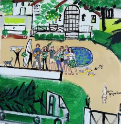 Acrylic painting by Donald Robertson featuring a group of people gathered outside a white house with a green lawn and parked truck.
