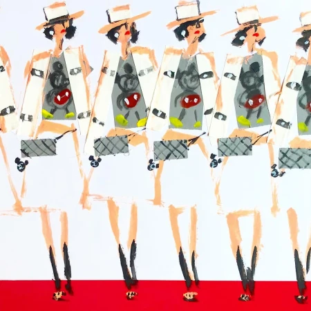 Mixed media illustration by Donald Robertson featuring repeating figures in hats and patterned coats over a red floor.