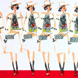 Mixed media illustration by Donald Robertson featuring repeating figures in hats and patterned coats over a red floor.