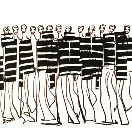 Fashion illustration by Donald Robertson featuring a lineup of figures in striped black and white garments with red lips.