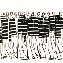 Fashion illustration by Donald Robertson featuring a lineup of figures in striped black and white garments with red lips.