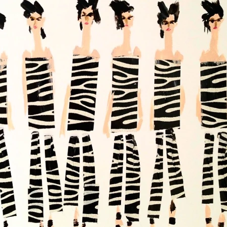 Fashion illustration by Donald Robertson featuring a row of stylized figures wearing zebra print garments.