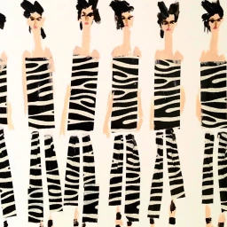 Fashion illustration by Donald Robertson featuring a row of stylized figures wearing zebra print garments.