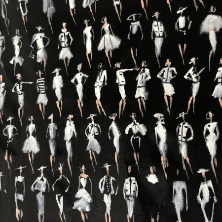 Black and white fashion illustration pattern featuring multiple stylized female figures by Donald Robertson.