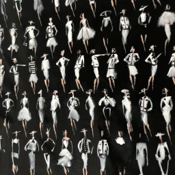 Black and white fashion illustration pattern featuring multiple stylized female figures by Donald Robertson.