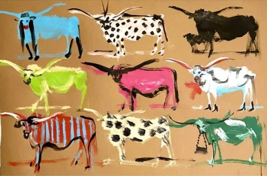 Painted illustration by Donald Robertson featuring nine colourful longhorn bulls on a brown paper background