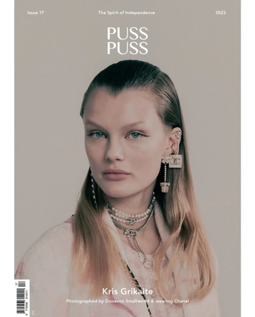 Magazine cover featuring a portrait of model Kris Grikaite wearing Chanel jewelry and clothing, photographed by Donaven Smallwood.