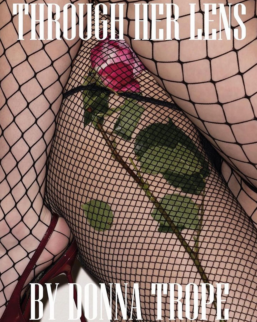Close-up on fishnet-stockinged legs with a rose, and red shoes against a neutral background. 'Through Her Lens by Donna Trope' text.