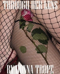 Close-up of legs in black fishnet tights resting with a single rose tucked against the thigh and a red high-heeled shoe.