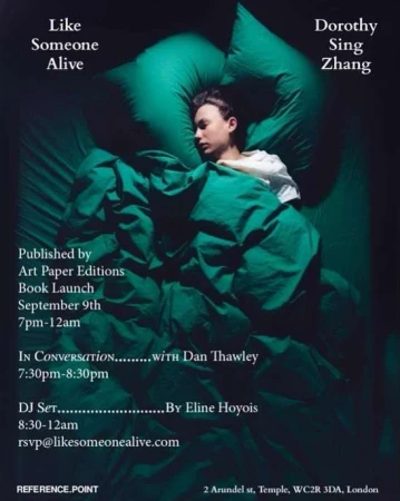 Promotional image for book launch with a person sleeping in a green-toned bed with a green pillow and comforter in a dark room.
