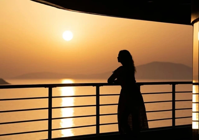 Silhouette of a woman leaning on a railing overlooking the ocean at sunset, captured by photographer Doug Menuez