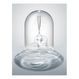 Crystal champagne glasses and coupe stacked inside a clear glass cloche on a seamless reflective grey studio background.