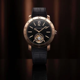 Rose gold luxury watch with a black face and leather strap displayed on a reflective dark surface