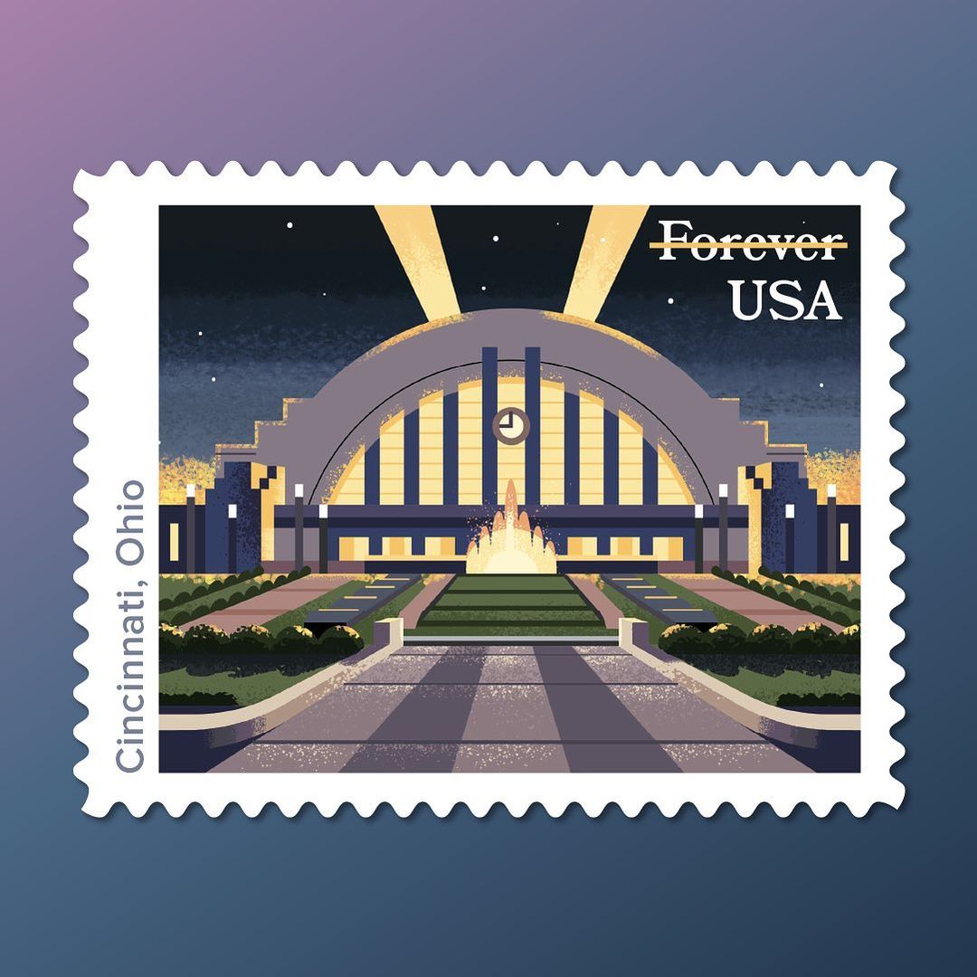 Stamp art illustration: Cincinnati Union Terminal building art deco architecture, illuminated at night, with stars in the background.