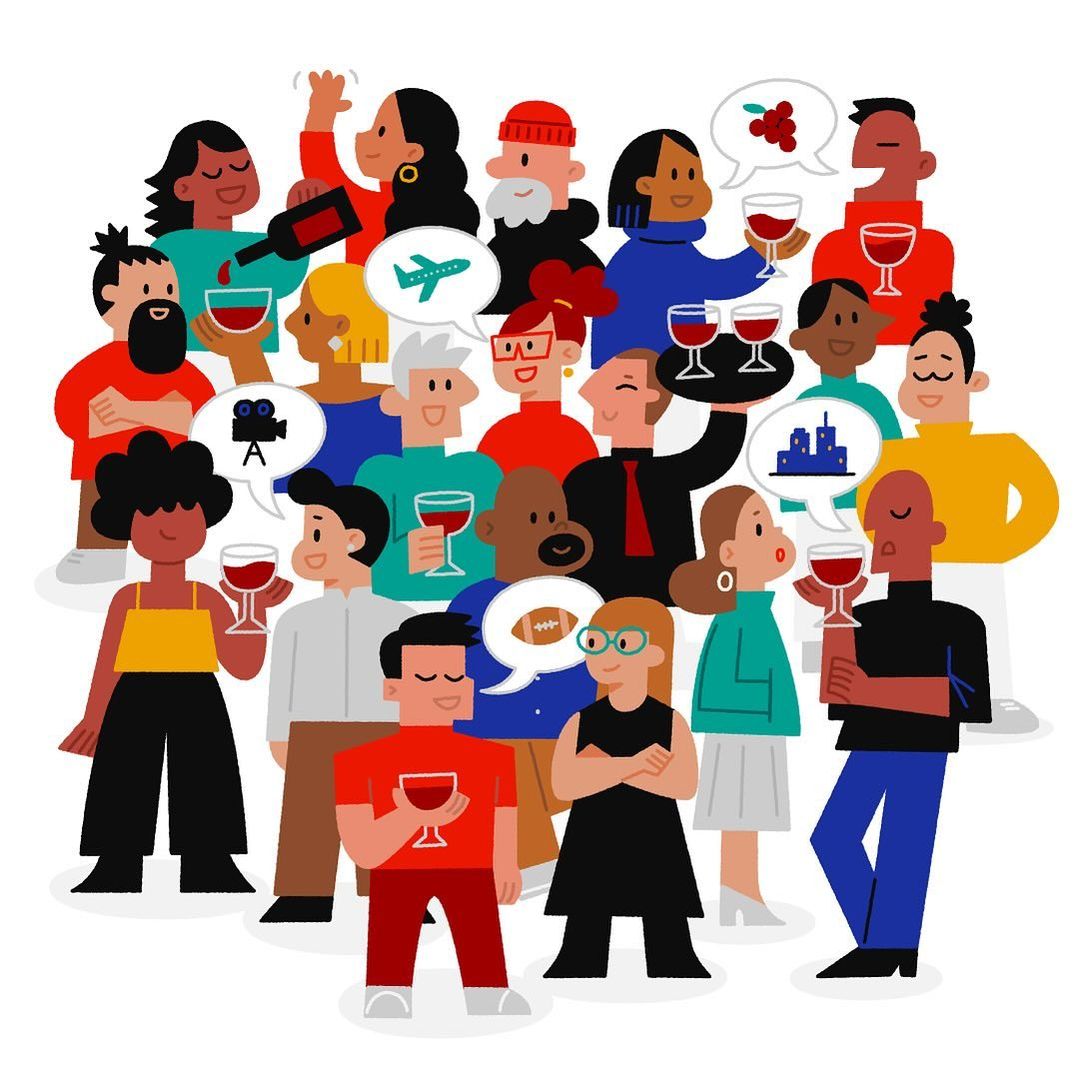 Illustration of a diverse group of people holding wine glasses and gathering together, with various speech bubbles and icons.