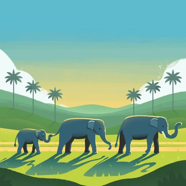 Illustration of a family of three elephants walking in a line across a grassy field with palm trees in the background under a blue sky.