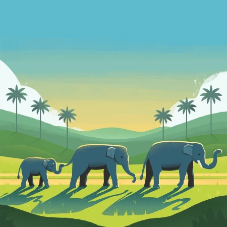 Illustration of a family of three elephants walking in a line across a grassy field with palm trees in the background under a blue sky.