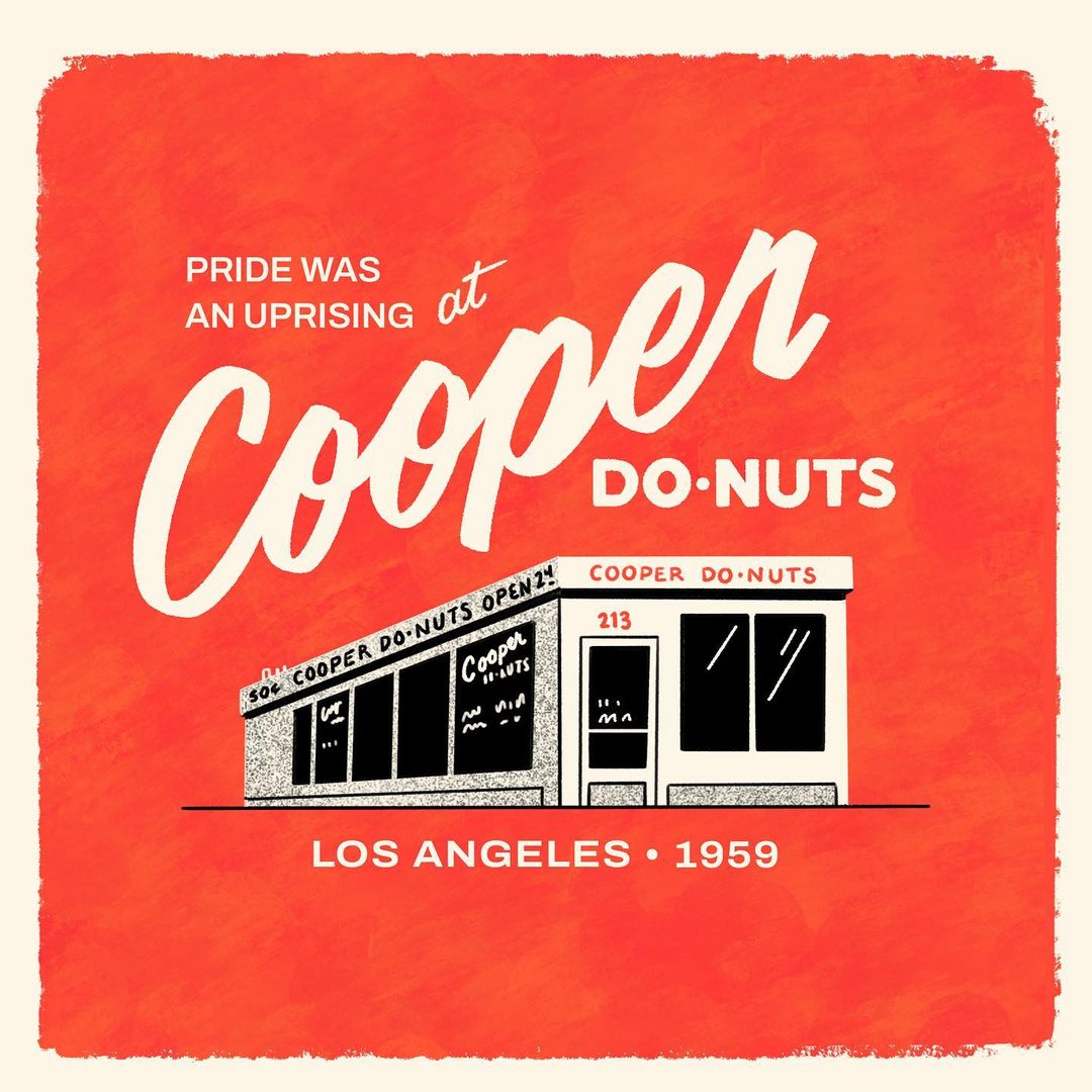 Illustrated poster featuring Cooper Do-Nuts storefront in Los Angeles, 1959. Red background with vintage typography.