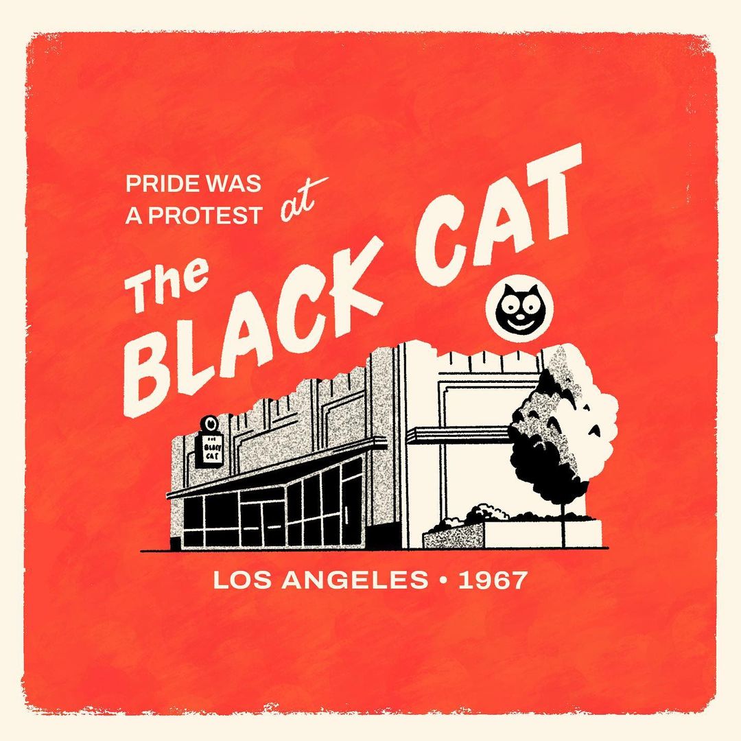 Vintage-style illustration on orange of The Black Cat building in Los Angeles, 1967, referencing a protest, featuring a cat cartoon emblem.