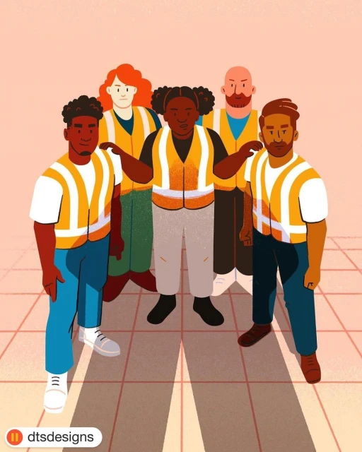 Illustration of five diverse adults wearing safety vests, standing against a peach-colored background with a tiled floor pattern.