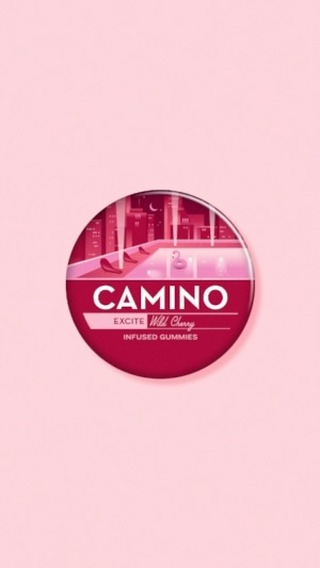 A circle with the brand name Camino, promoting wild cherry infused gummies, over a pink background shows the city skyline and a pool.