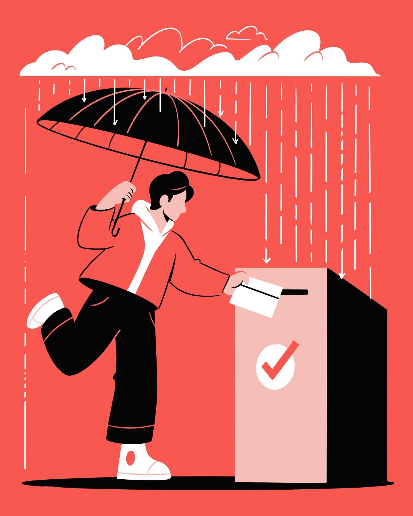 Illustration of a person in a red jacket dropping a letter into a mailbox on a rainy day, using an umbrella for protection.