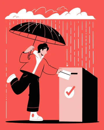 Illustration of a person in a red jacket dropping a letter into a mailbox on a rainy day, using an umbrella for protection.