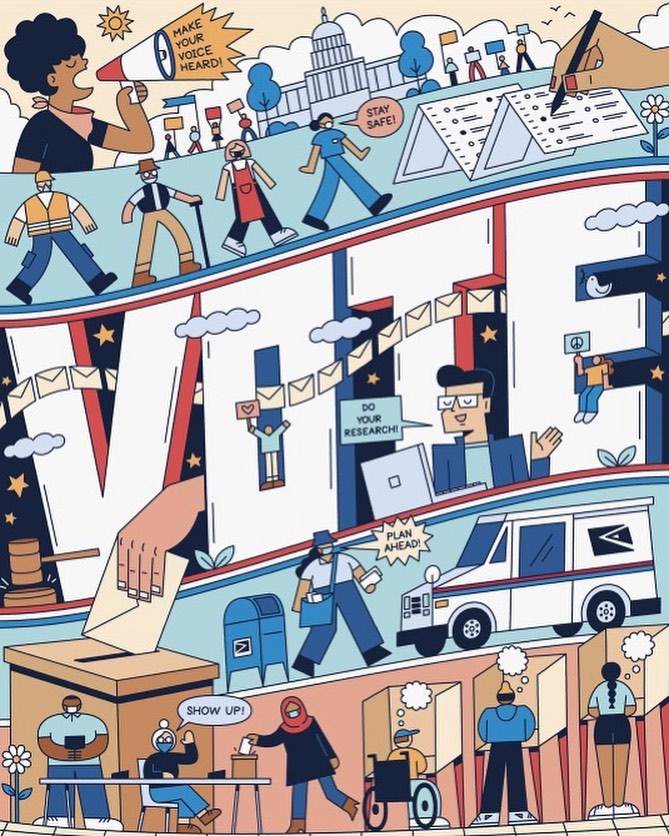 Illustration of diverse individuals participating in the democratic process, voting, mailing ballots, and researching candidates.