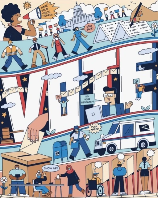 Illustration of diverse individuals participating in the democratic process, voting, mailing ballots, and researching candidates.