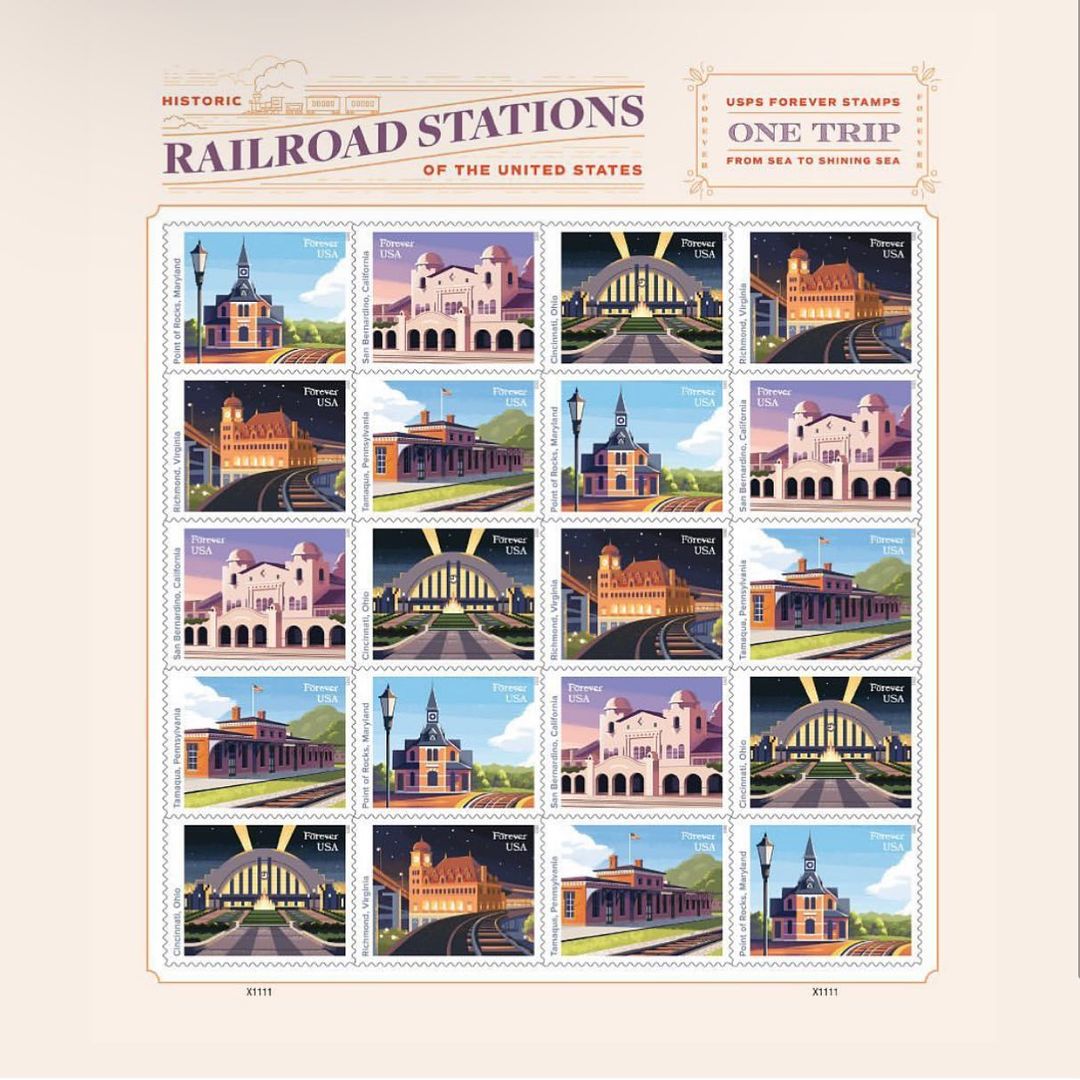Sheet of US Forever Stamps depicting historic railroad stations, including illustrations of train depots across the United States.