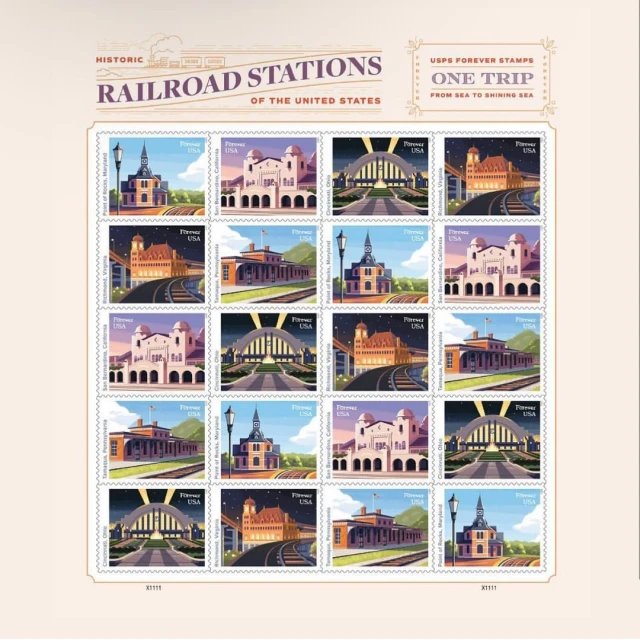 Sheet of US Forever Stamps depicting historic railroad stations, including illustrations of train depots across the United States.